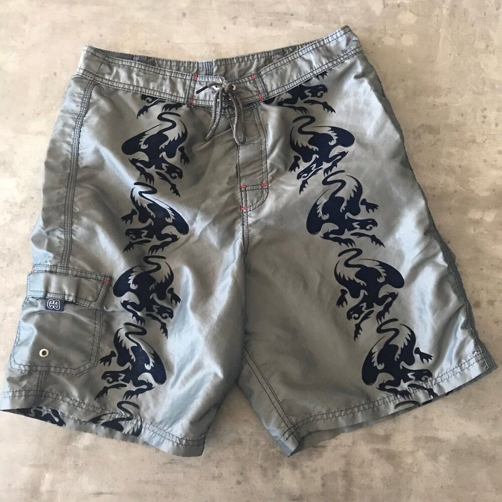 Vintage 90s Y2K CC Counter Culture Boardshorts Mens 34 Dragon Rave Skater Surfer